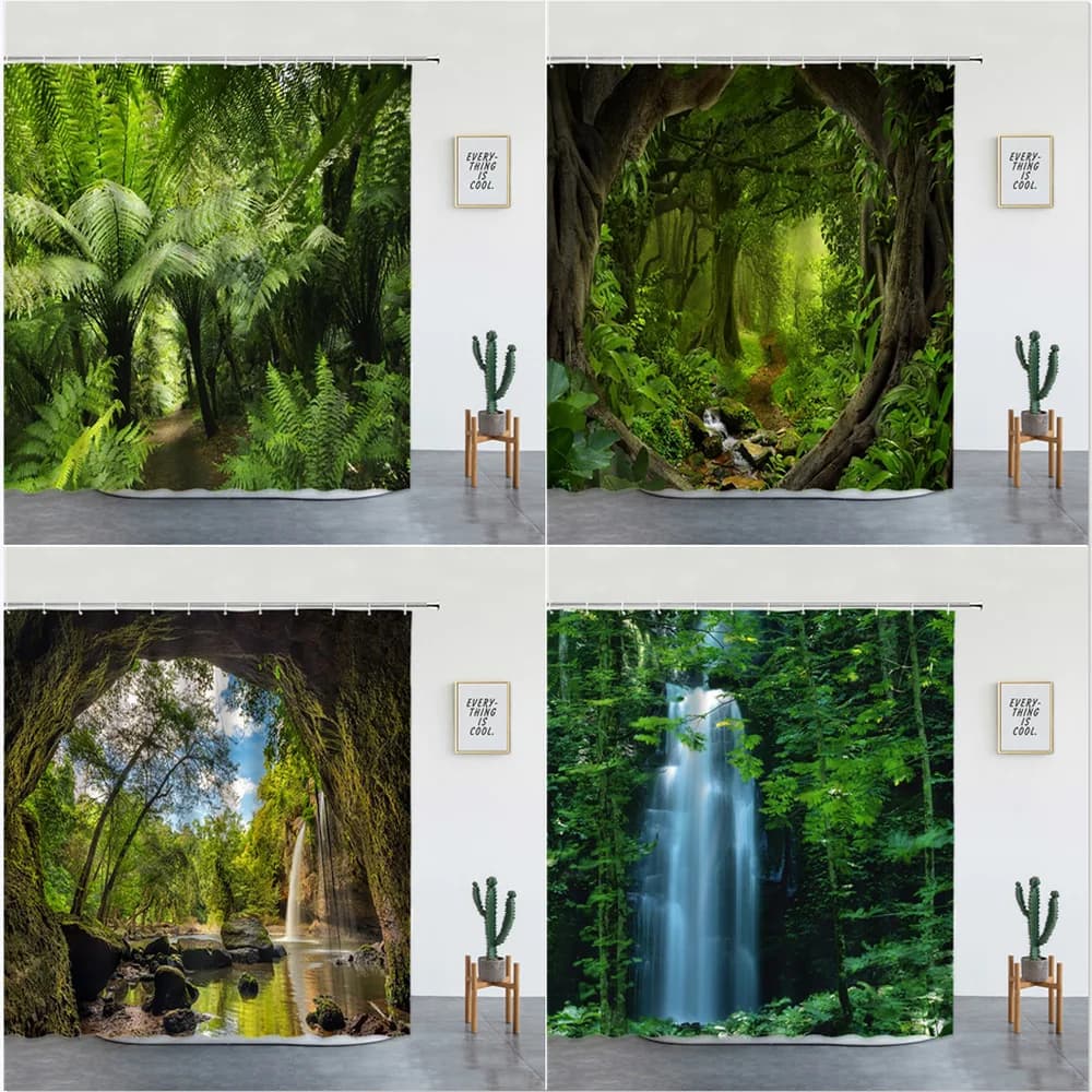 Tende da doccia con paesaggio della foresta pluviale tropicale, cascata della foresta, bellissimo paesaggio naturale, schermo decorativo per il bagno di lusso con ganci