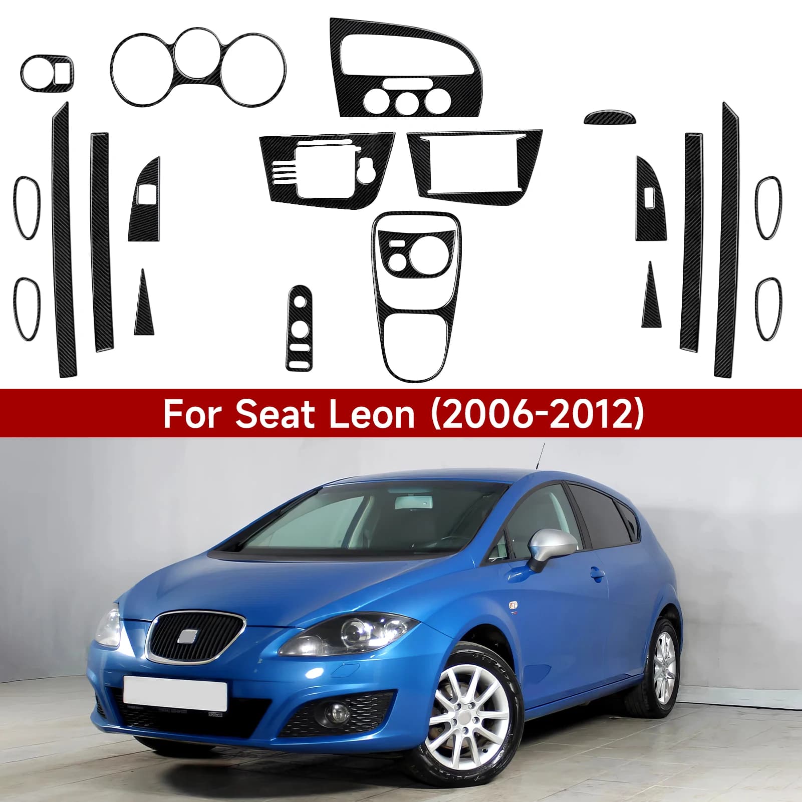 Modanatura Laterale per SEAT Leon (2006-2012). Adesivo per interni in fibra di carbonio. Pannello di protezione per la presa d'aria del CD della console centrale dell'auto.