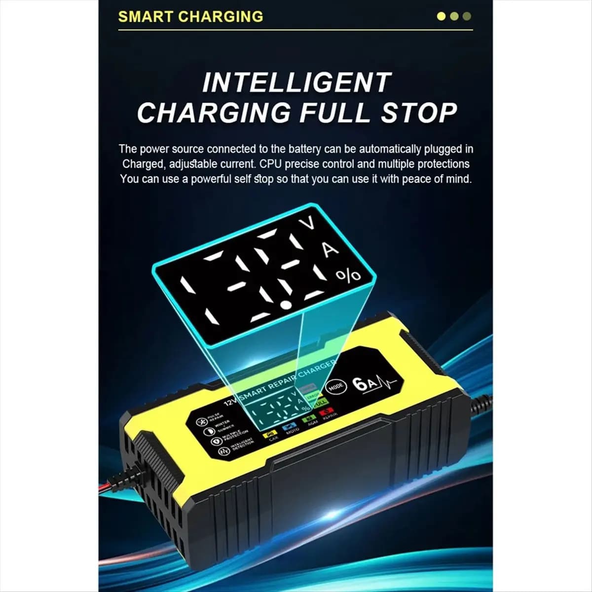 (ABDH) Caricabatterie Intelligente 12V 6A con Riparazione a Impulsi, Display LED, Ricarica Rapida per Batterie al Piombo-Acido per Auto e Moto, Spina USA
