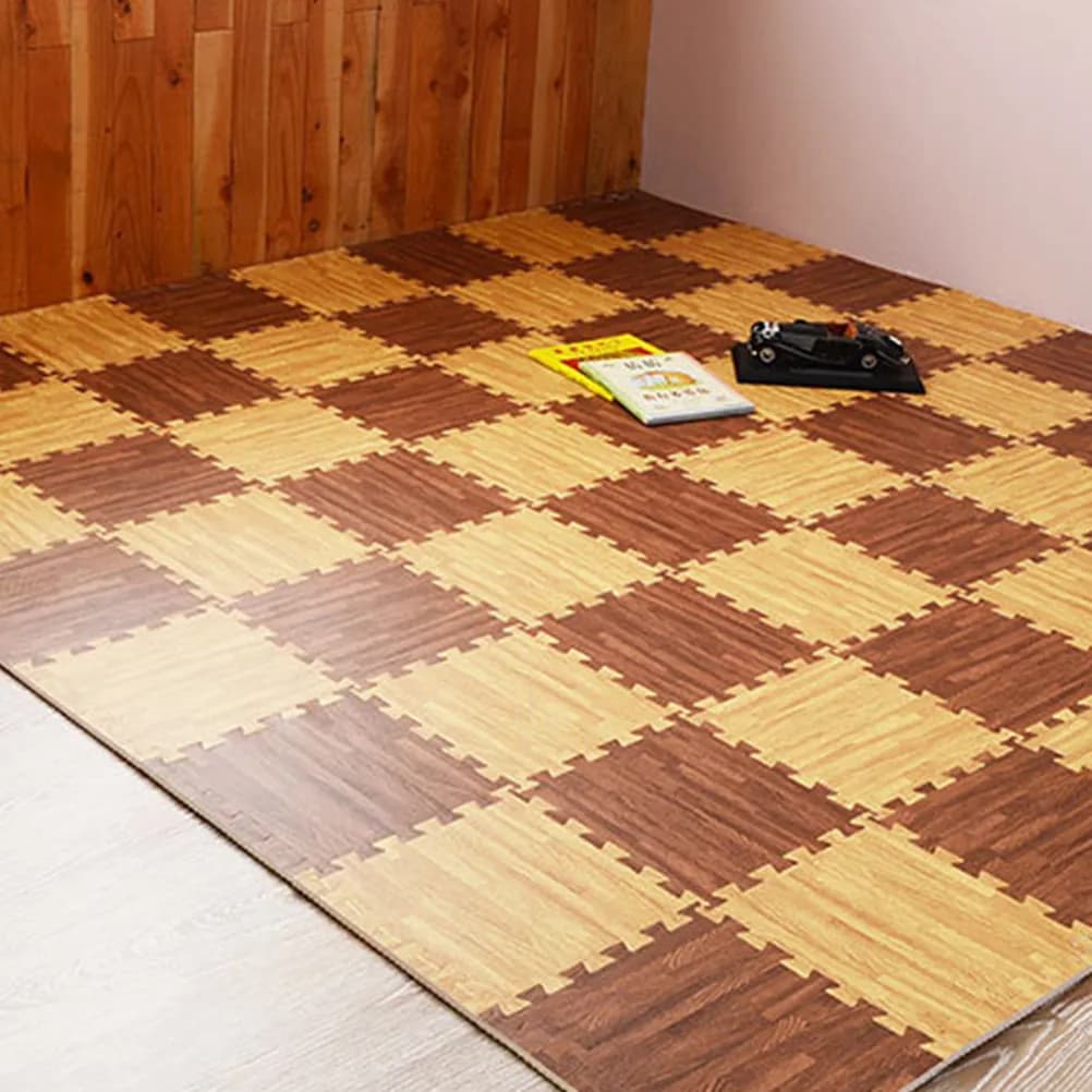 Tappetino ad incastro in EVA effetto legno scuro per esercizi, yoga, gattonamento, palestra e sala giochi