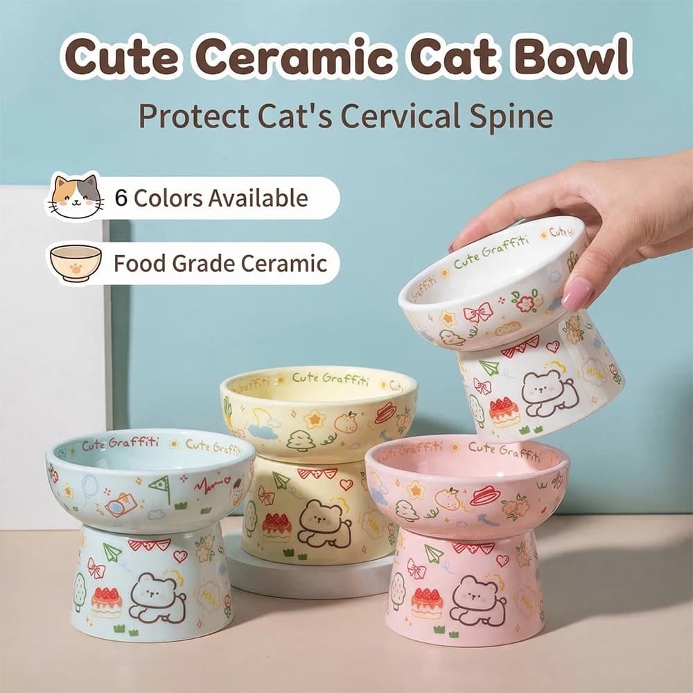 Ciotola per Gatti in Ceramica, Design Cartoon, Ciotola Rialzata per Cani e Gatti, Protezione Collo, 6 Colori