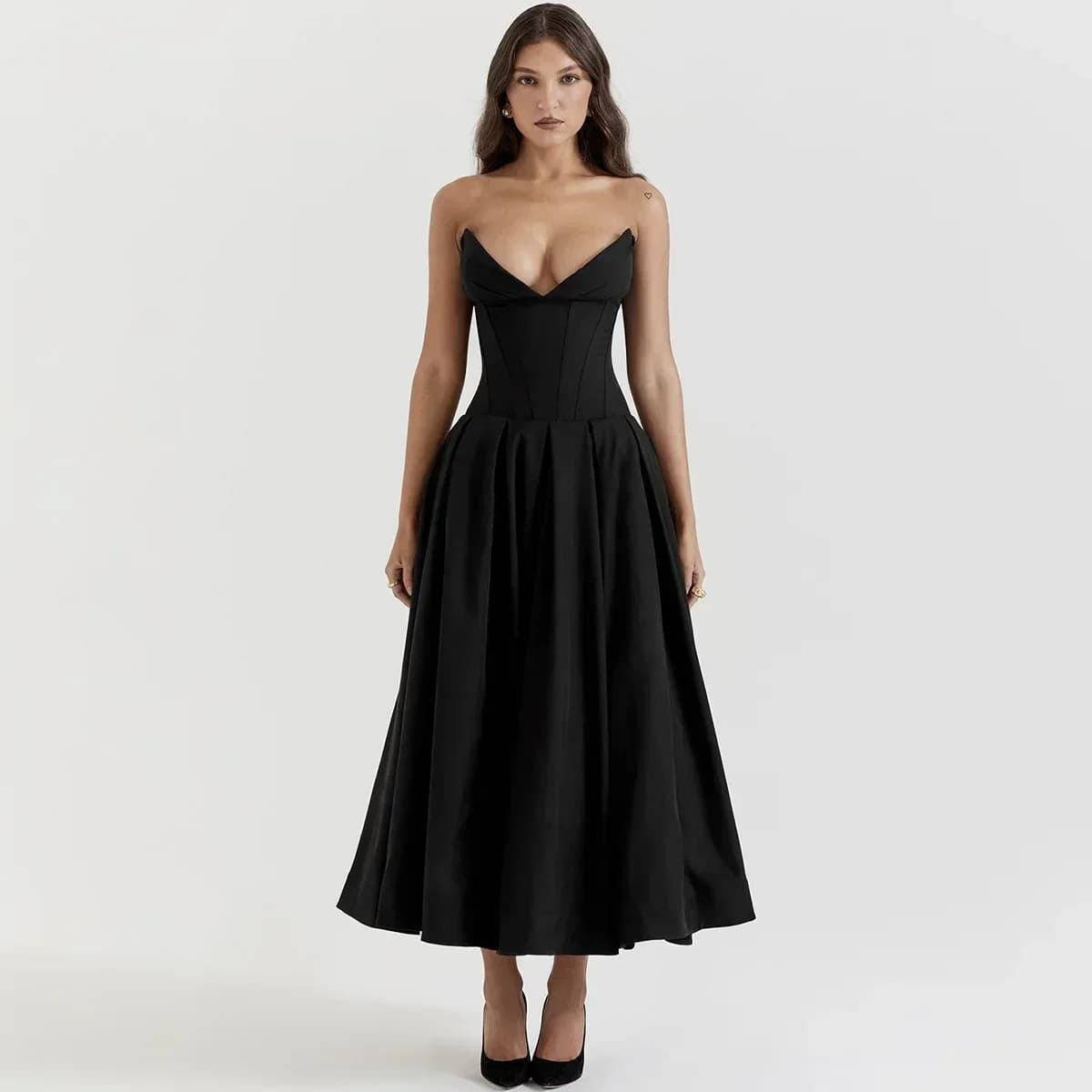 Suninheart Nero Elegante Eventi di Nozze Abito Sexy Corsetto Senza Spalline Abito Midi Abiti da Festa di Natale per Abbigliamento Donna 2023