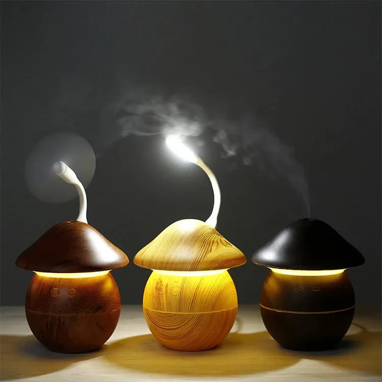 Diffusore di aromi di olio OEM USB Mini piccolo umidificatore d'aria a fungo in legno con lampada lunare