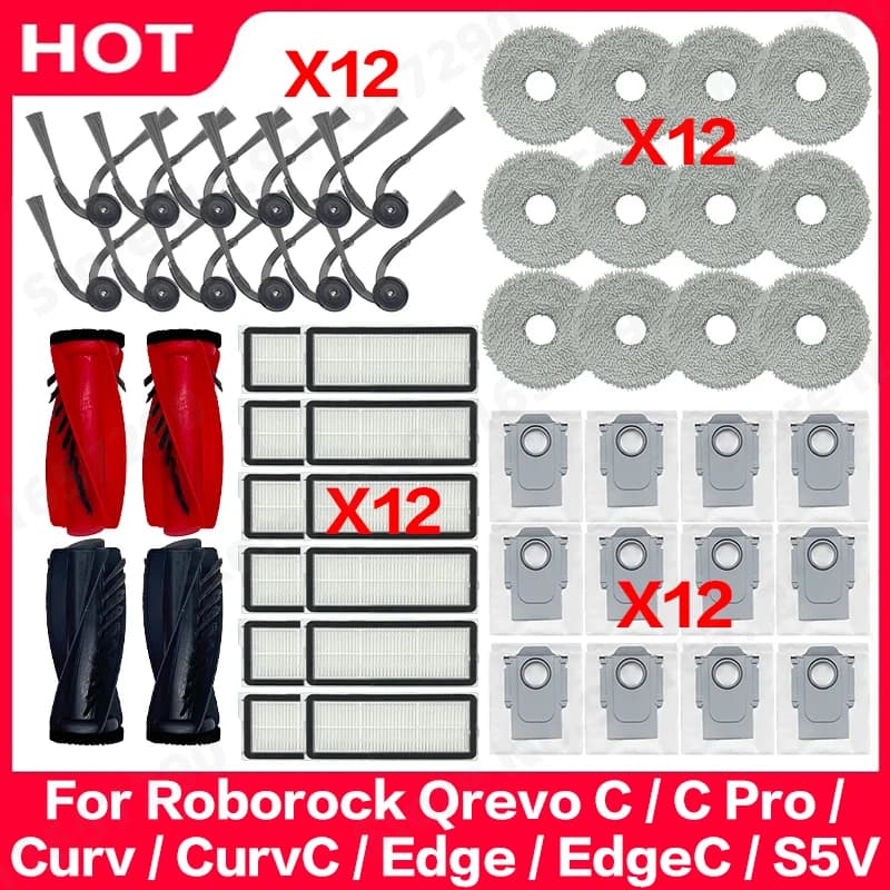 Roborock Qrevo C/C Pro/Curv/CurvC/Edge/EdgeC/S5V Compatible Main Side Brush, Mop Cloth, Dust Bag & Filter Set