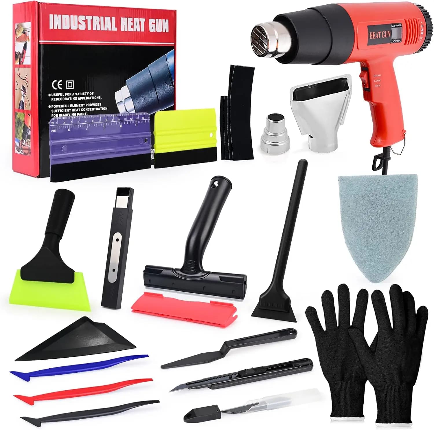 Kit per Wrapping Auto con Pistola Termica, Strumenti per Applicazione Vinile, Squeegee in Feltro, Strumento per Angoli, Raschietto con Lama, Tergivetro in Gomma, Taglierina per Pellicole, Guanti