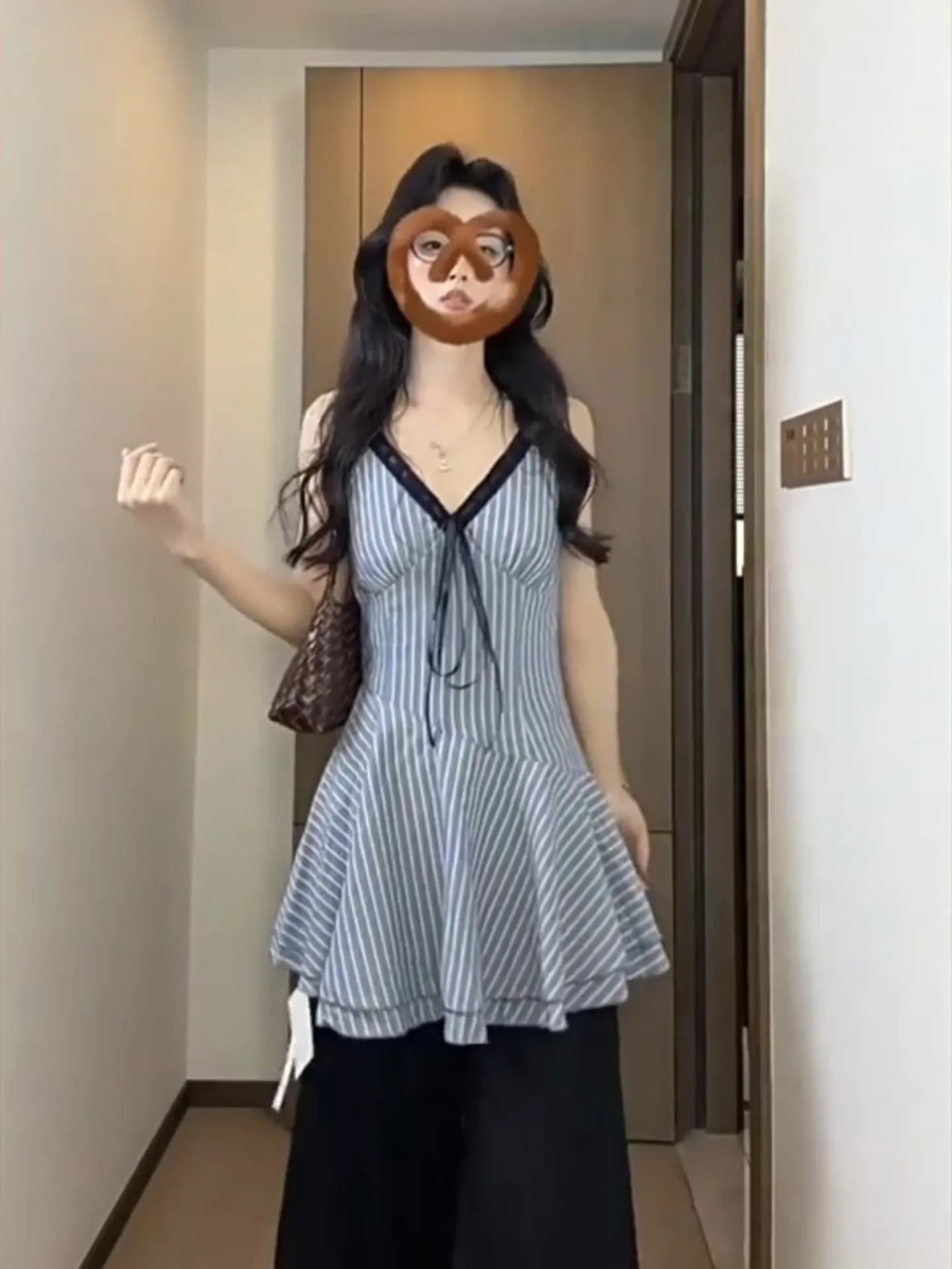 Sweet Style V-Neck Striped Tank Top Women's Summer Hanging Neck Lace Hem Slimming Versatile Top Korean Casual Style Short Sleeve