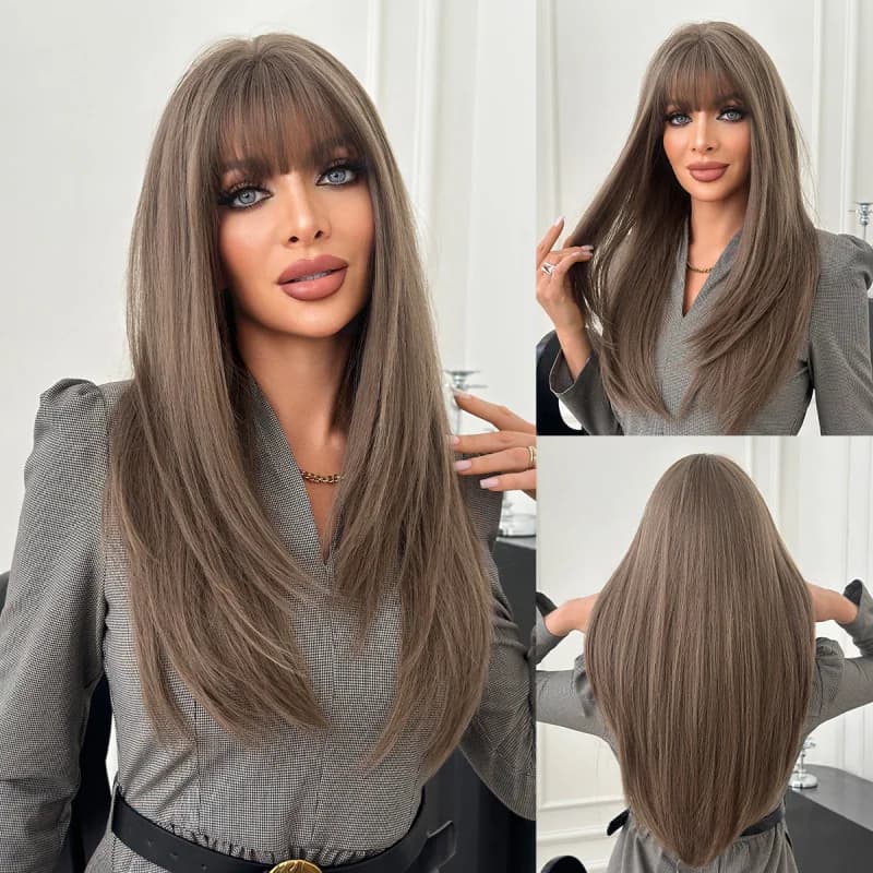 New in tea brown color, -layered, inward-curled straight hair with neat bangs, high-quality daily-use full-head wig for