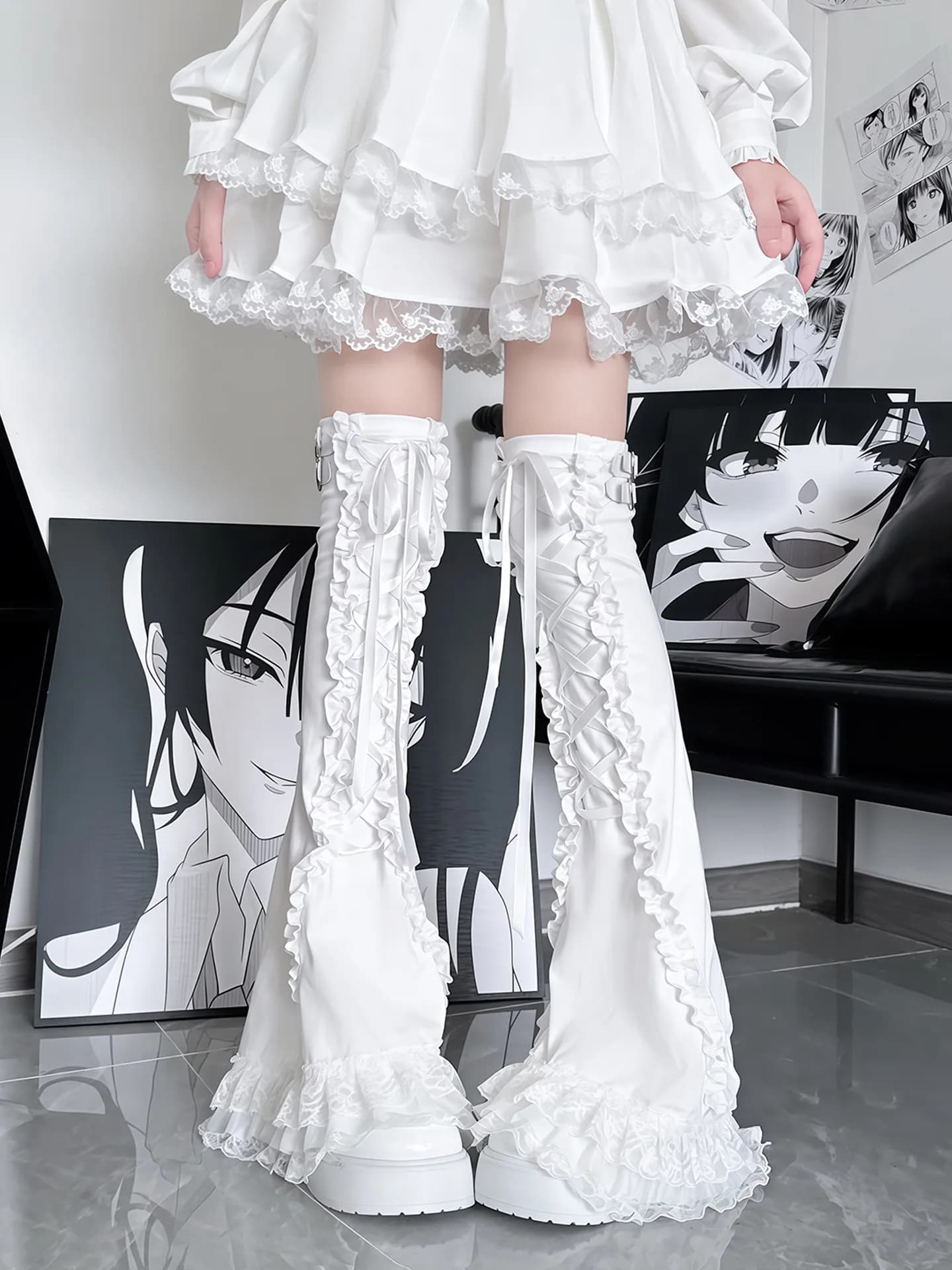 Lolita Lace with Versatile Leather Button Knee Socks Leg Warmers Cake Melaleuca Subculture Black Bud Long Tube Skinny Socks
