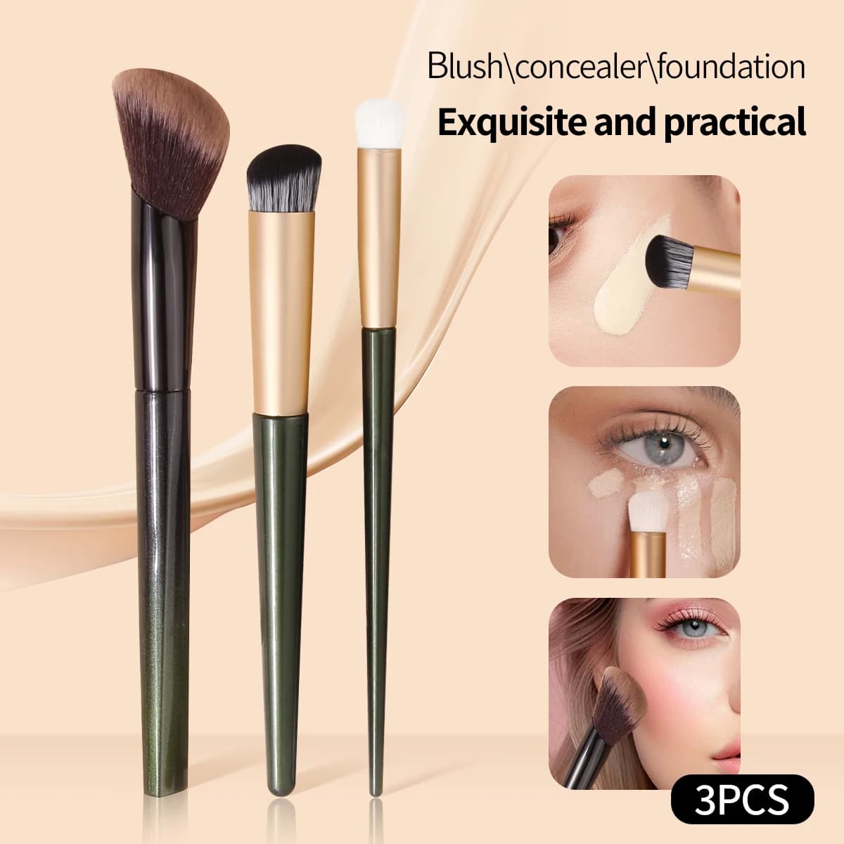 Set di pennelli per trucco da 3 pezzi, pennelli per fondotinta, correttore e fard, capelli sintetici morbidi per un trucco base impeccabile, cosmetici professionali