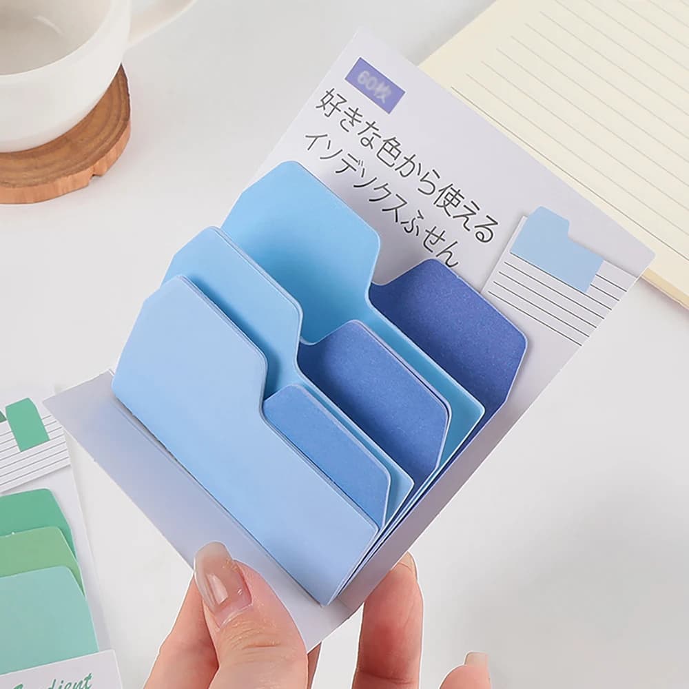 Adesivi indice sfumati colorati, note creative multicolore per ufficio, messaggi alla moda e foglietti adesivi
