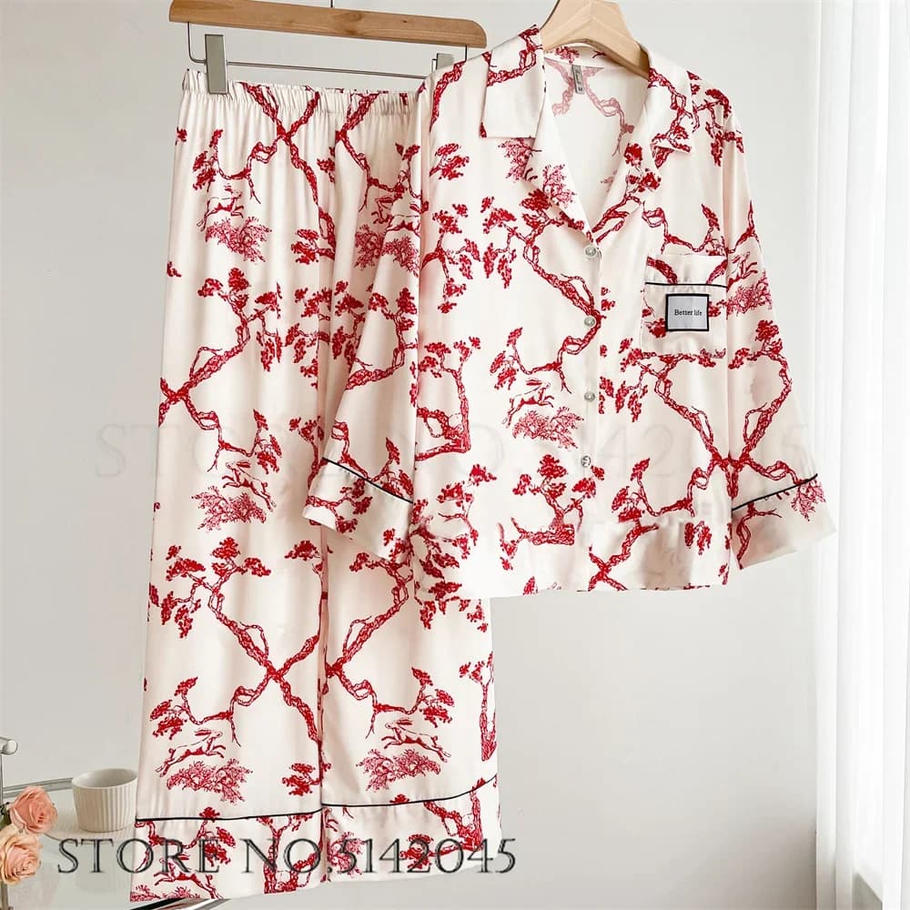 Women's summer pajamas short sleeved pajamas with floral print home clothes nightwear soft and comfortable nightwear