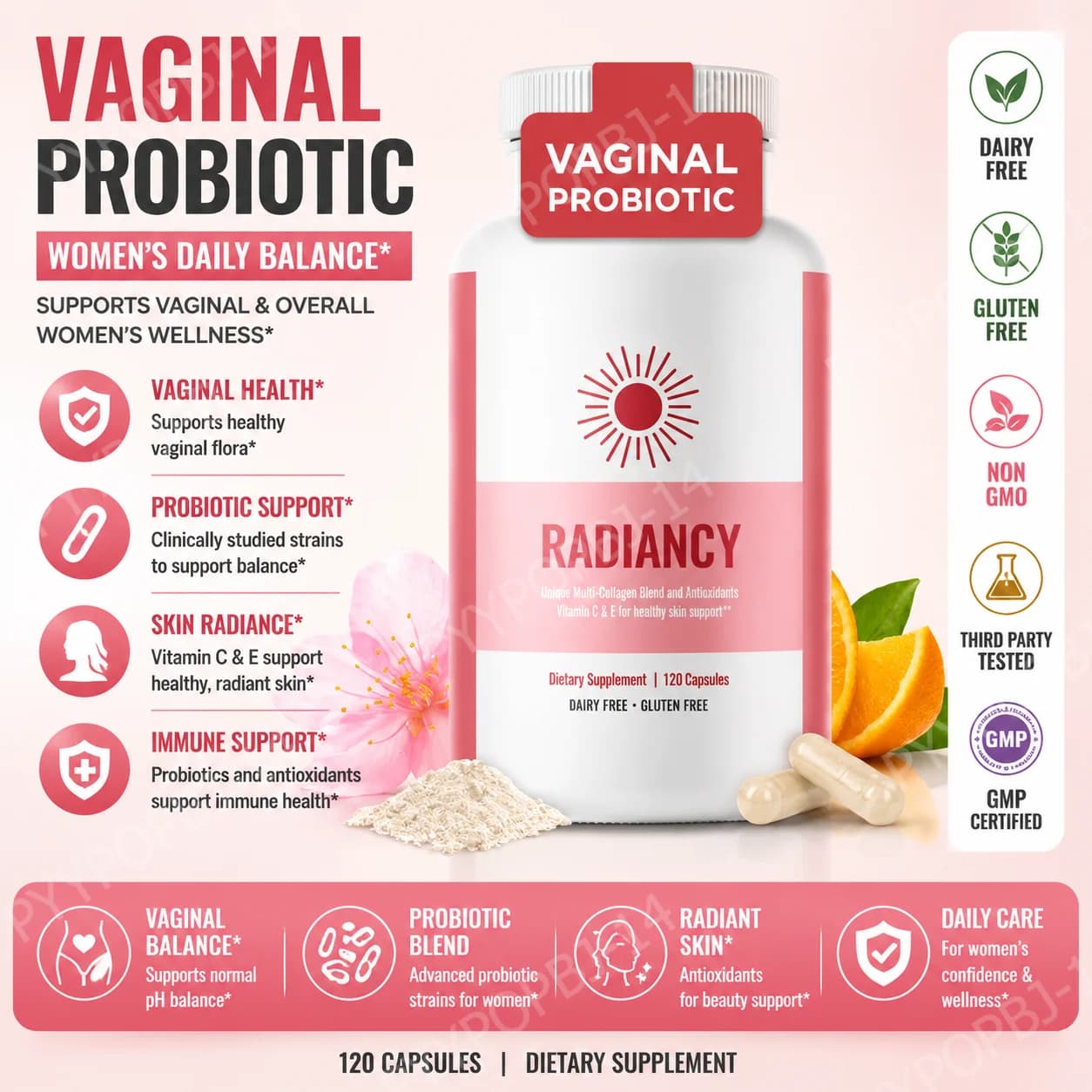 Probiotic Collagen Complex for Women Vitamin C Hyaluronic Acid Skin pH Balance Anti-Aging Nutrition Supplement 120 Capsules