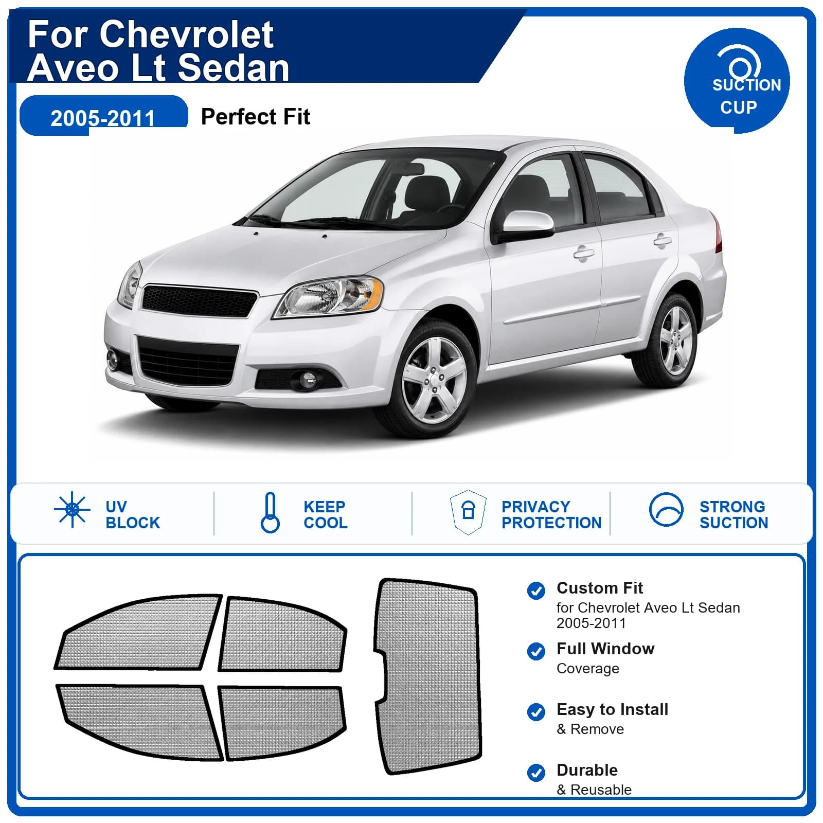 For Chevrolet Aveo Lt Sedan 2005-2011 Custom Full Set Windshield Sun Shade Aluminum Foil Heat Insulation Anti UV Foldable