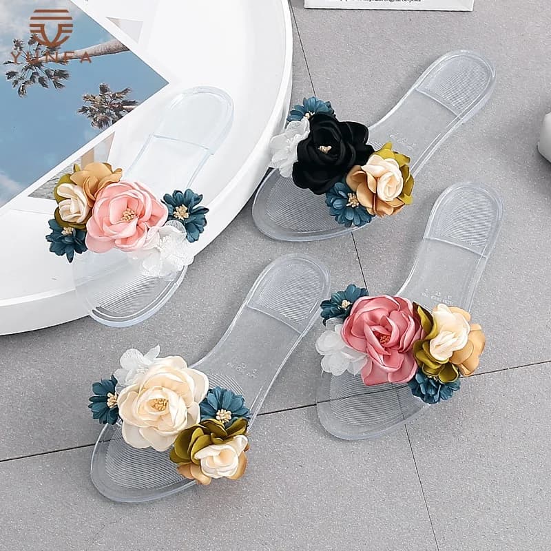 Nuovi Sandali Piatti da Donna in Gelatina con Decorazione a Fiore di Camelia, Cinturino Trasparente, Ciabatte da Spiaggia Aperte, Scarpe con Fiori