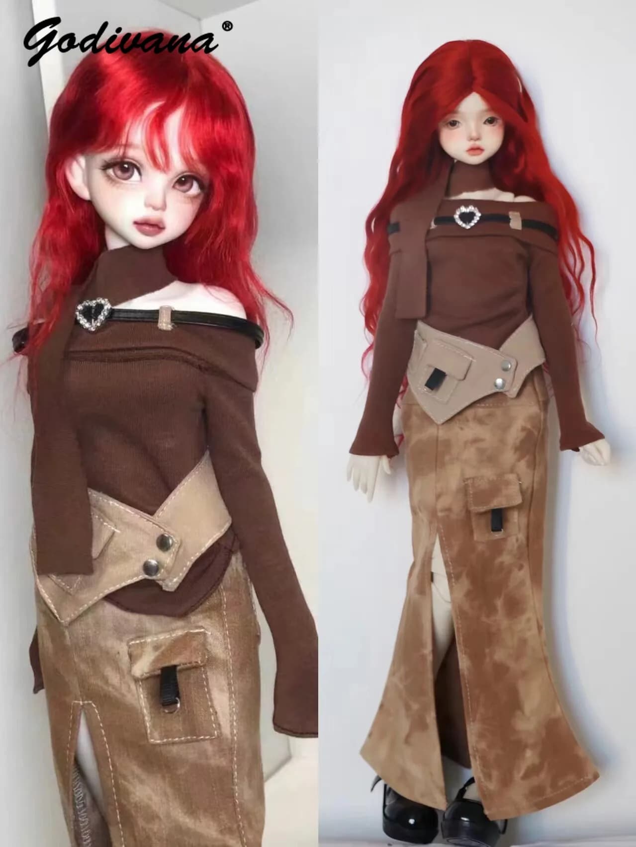 Original Spice Girl One-shoulder Collar Wasteland Coquette Cool Sweet Long Sleeve Top and High Split Skirt Set for 1/4 BJD Doll