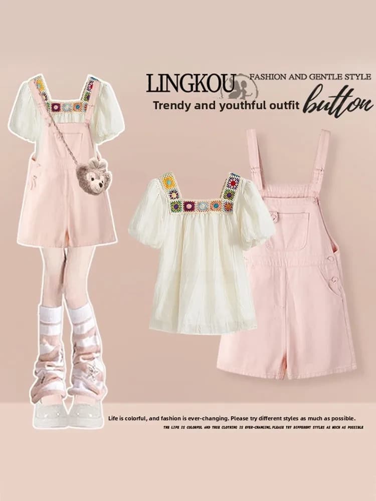 Elegant Embroidered Denim Overalls Women's Summer Fashion Set Short Sleeve T-Shirt Slimming High Waist Shorts Two-Piece Suit