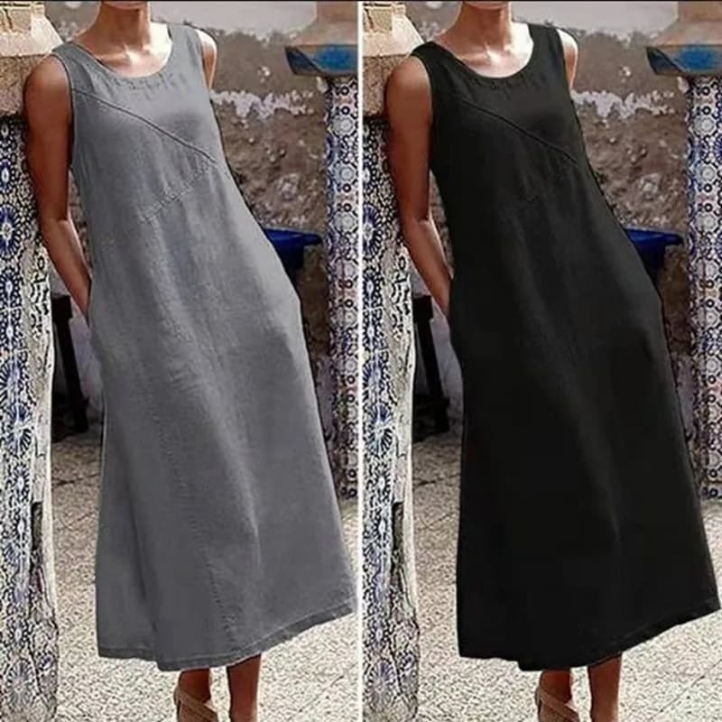 Abito lungo estivo da donna Casual aderente tinta unita 2024 elegante cotone e lino semplice senza maniche Plus Size Dre da donna