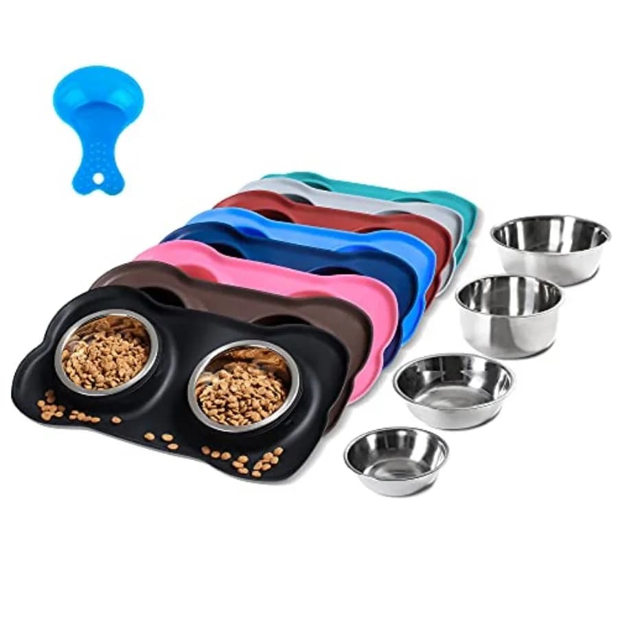 Ciotole per Cani in Acciaio Inox (2 Pezzi) con Tappetino Antiscivolo in Silicone + Paletta per Cibo, Ciotole per Acqua e Cibo per l'Alimentazione degli Animali Domestici