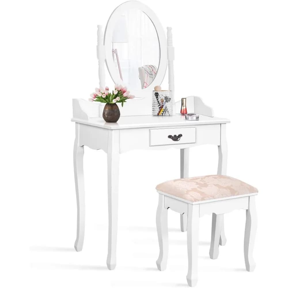 Tavolo da toeletta bianco con specchio, sgabello imbottito, cassetto e organizer: scrivania per il trucco di facile montaggio