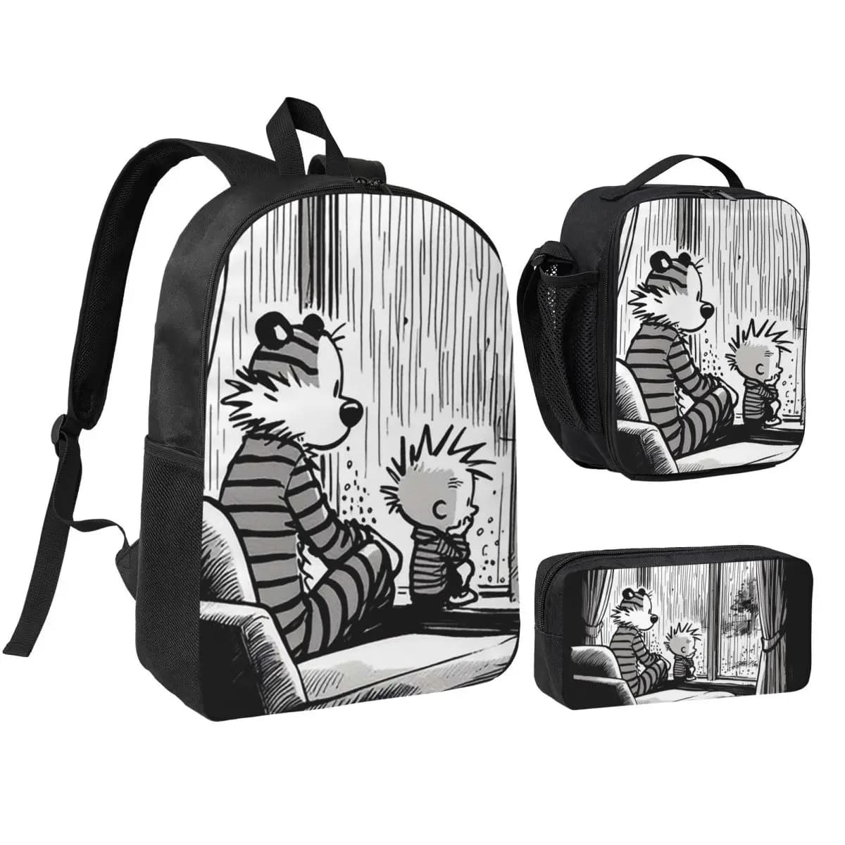 Calvin And Hobbs Dance Classic Backpack Student BookBag School Bag Shoulder Bags 3ps Insulated Lunch Bag Pencil Case