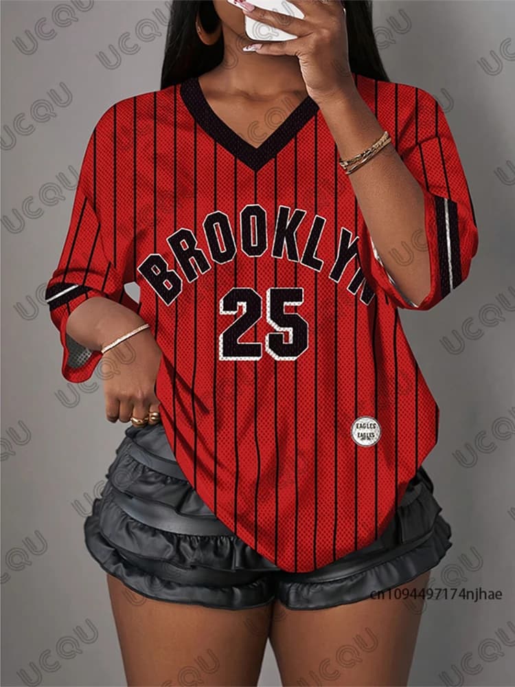 T-shirt oversize da donna con scollo a V, manica corta, estiva, a righe, con stampa Brooklyn No.25, top sportivi, maglia da calcio casual, magliette Y2k