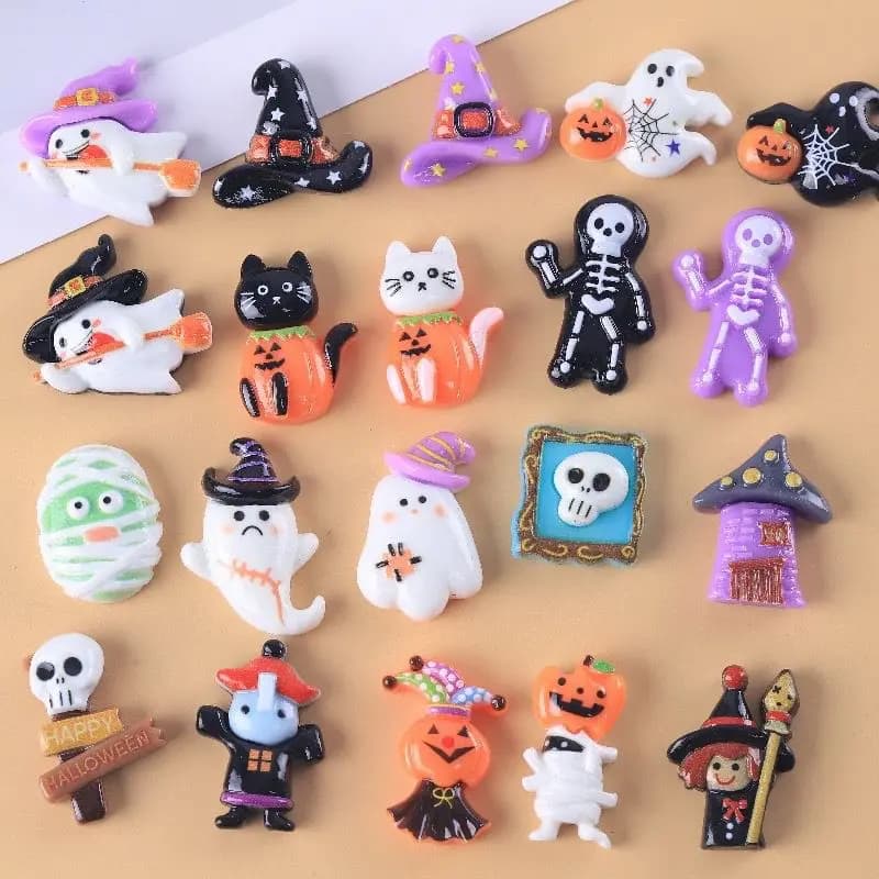 10Pcs New Cute Resin Cartoon Halloween Ghosts, Skeletons, Pumpkins Flat Back Manicure Parts Embellishments For Hair Bows