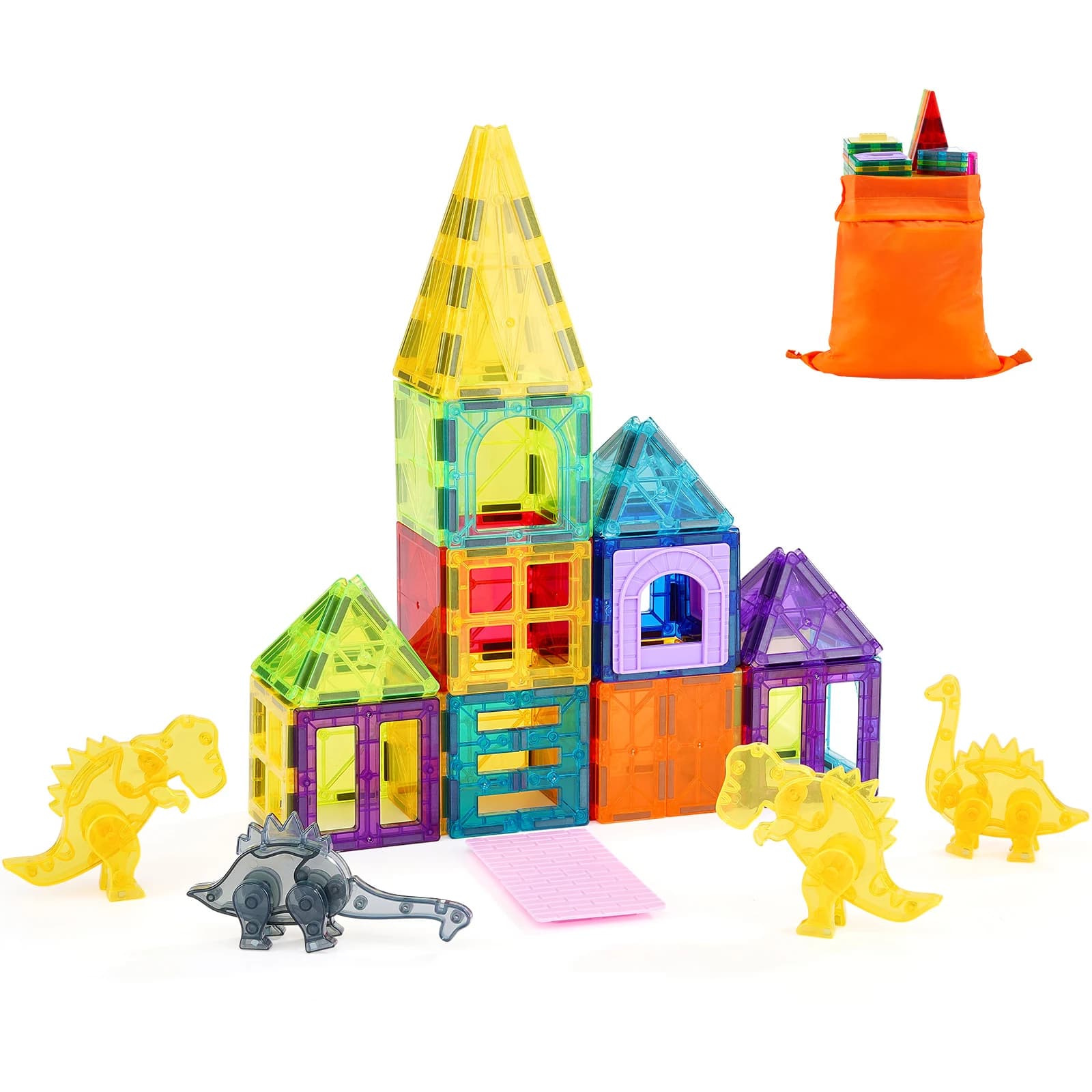 SucceBuy 56PCS Piastrelle magnetiche Blocchi magnetici con 4 dinosauri Costruzione impilabile Giocattoli educativi per bambini