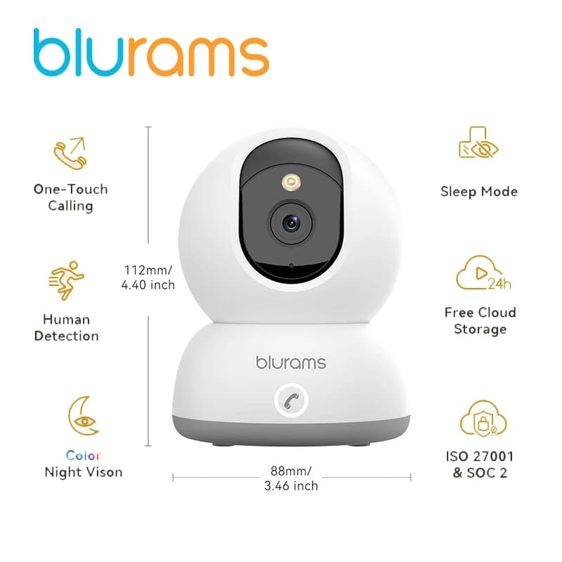 Blurams Telecamera di sicurezza interna 2K, telecamera di sicurezza domestica per cani/bebè/anziani, telecamera di sicurezza con chiamata one-touch, colore N