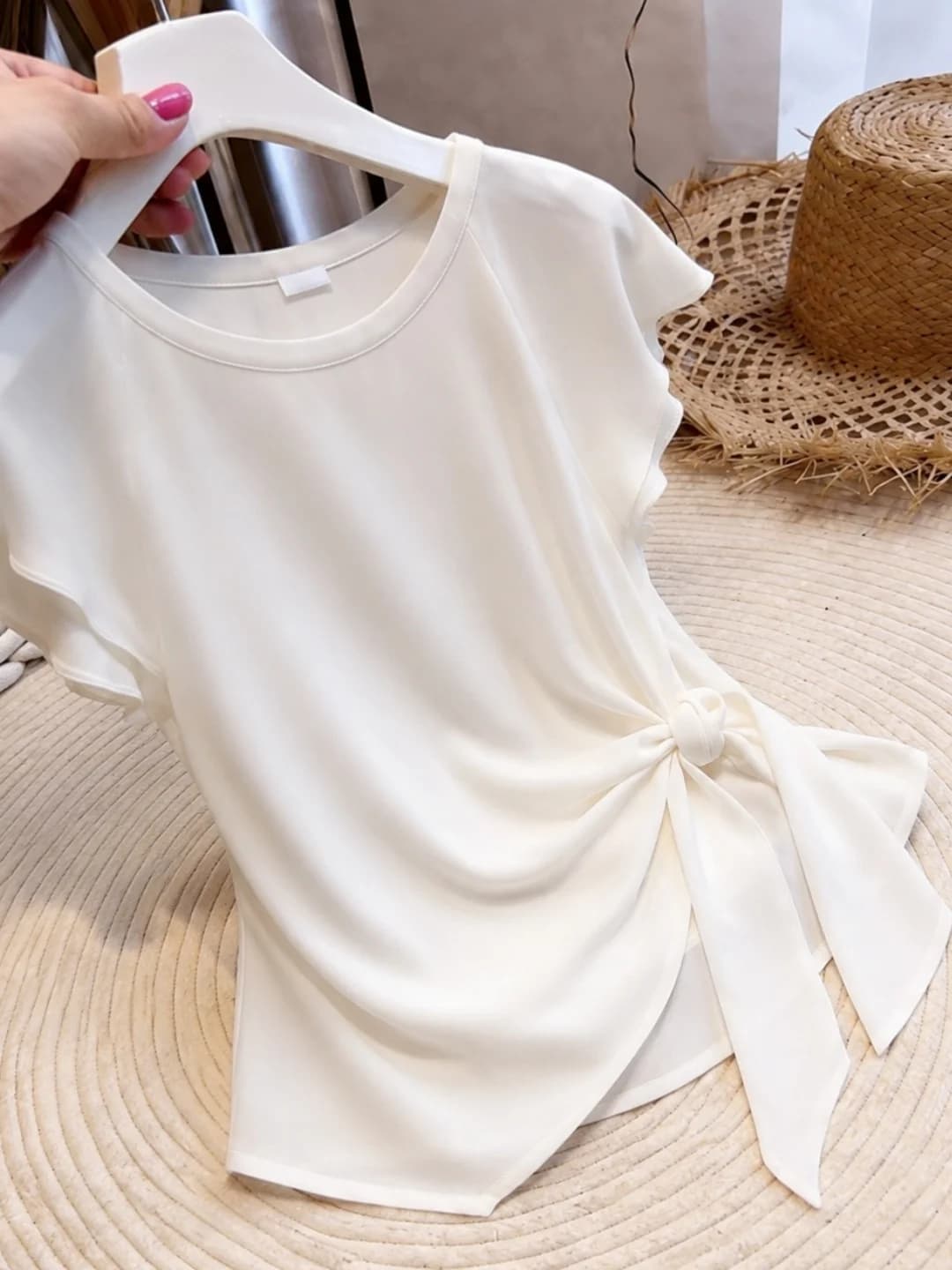 Fashionable Belted Pure Color T-Shirt Commuter Style Korean Version Straight Cut Short Sleeve round Neck Top for Young Women