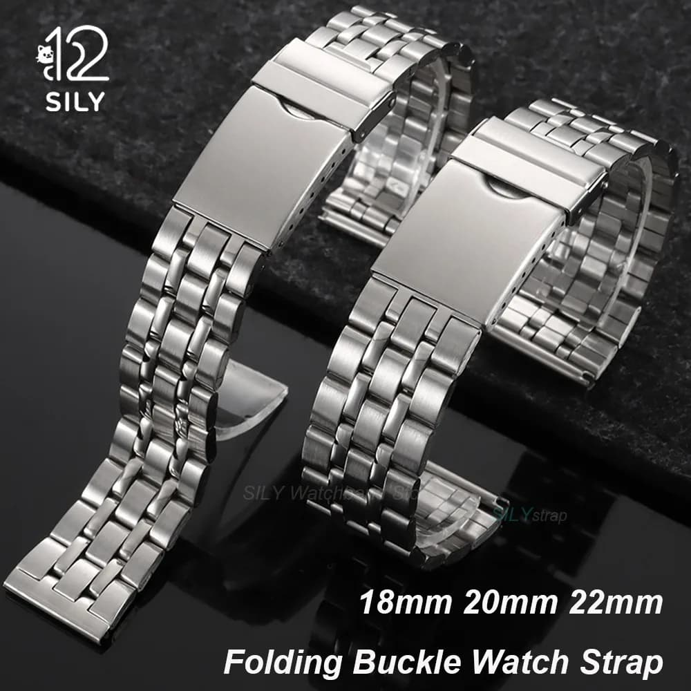 18mm 20mm 22mm Smartwatch Bracelet Silver Stainless Steel Folding Buckle Watch Band Men Women Watches Strap Sport Wristbelt Band