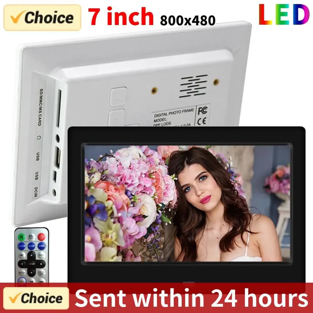 Cornice per foto digitale HD da 7 pollici 800x480 LED Album fotografico elettronico intelligente Cornice per foto LCD Lettore musicale MP3 MP4 con telecomando