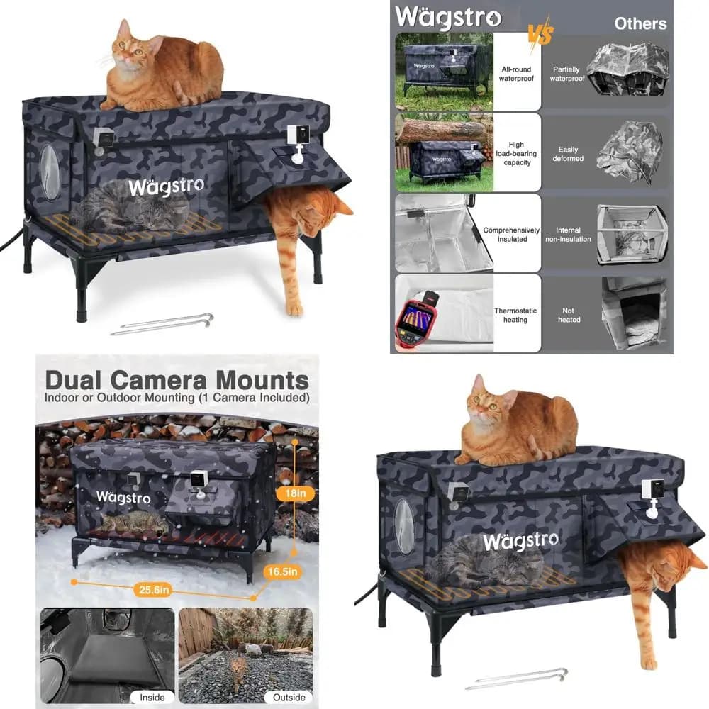 Riparo per gatti da esterno isolato rialzato con fotocamera intelligente, porta di fuga, per gatti Feral - Nero mimetico