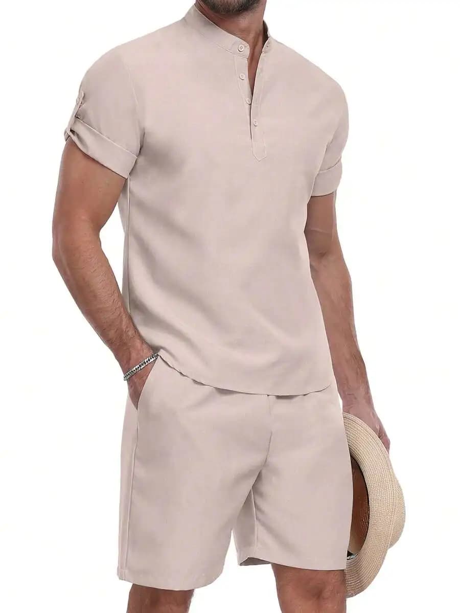 Mens Linen 2 Piece Set Henley Short Sleeve Shirt And Shorts Summer Casual Outfit
