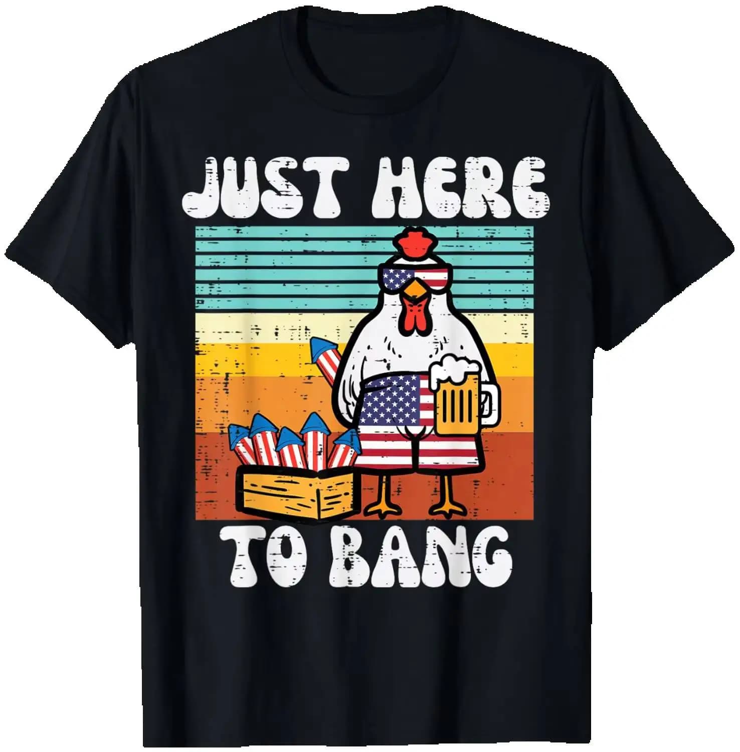 4Th Of July Chicken Fireworks Here To Bang Retro America Men T-Shirt Summer Short-Sleeved Breathable Sweat-Wicking Versatile