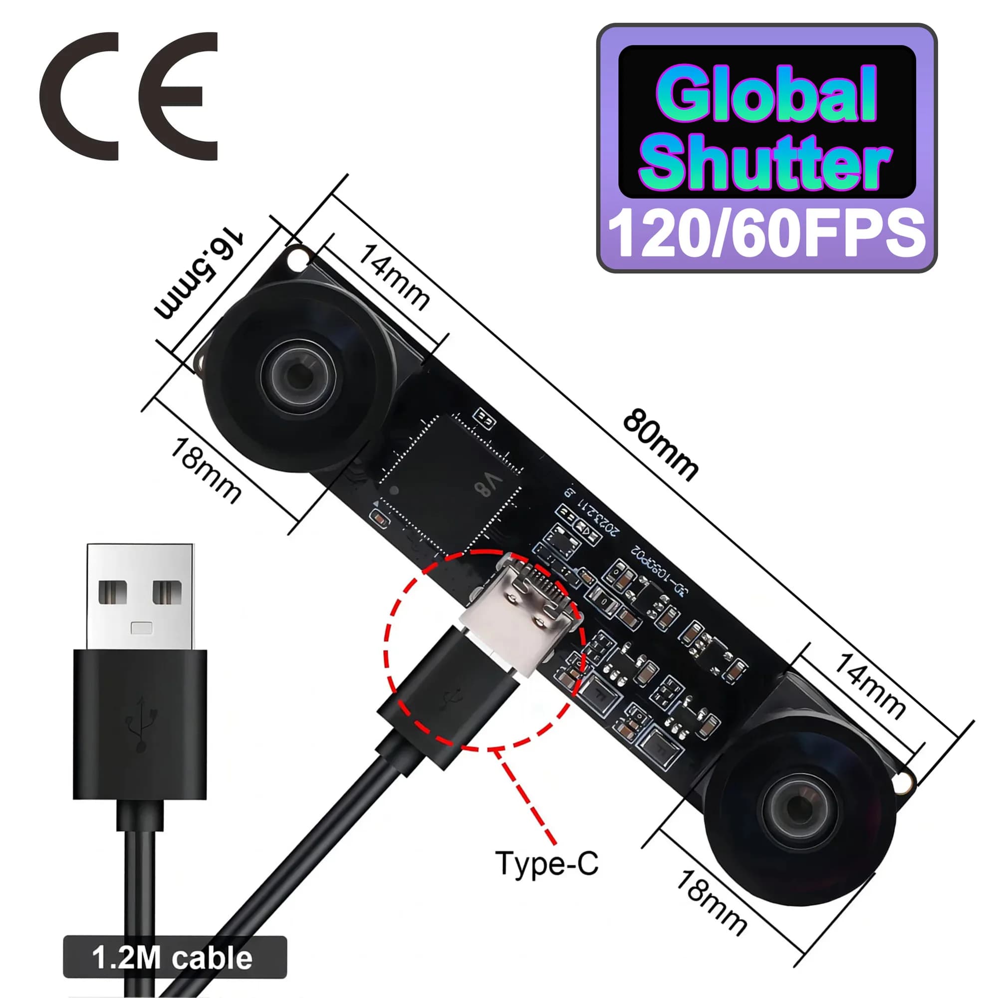 60fps/120fps Global Shutter 3D Stereo USB Camera Module Synchronous 3200x1200 High Speed USB Webcam for 3D Vision, VR Machine