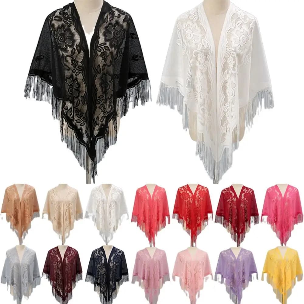 Cardigan con scollo a V patchwork con nappe Donna Scialle vintage Cena per feste Top Sciarpa Scialli Mantello a rete Capelet Frange