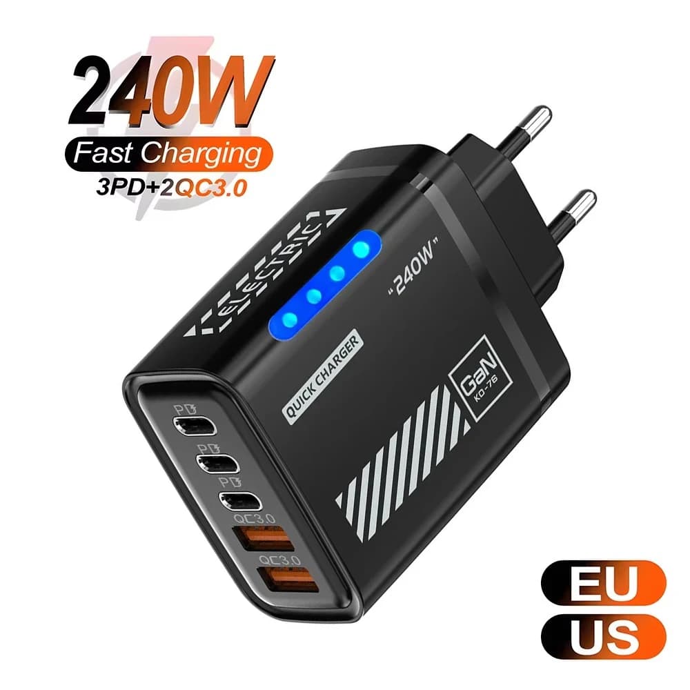 USB Charger C GaN 5 in 1 from 240W, quick charger for phone with adapter for iPhone, Samsung, Xiaomi, EU/US plug, quick charging wall charger.