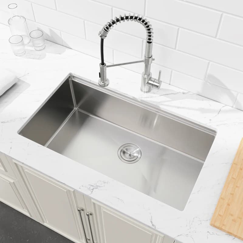 Lavello da Cucina in Acciaio Inossidabile, Vasca Singola 30″x19″, Lavello Sottopiano Fatto a Mano Spazzolato, con Tagliere, Scolapiatti