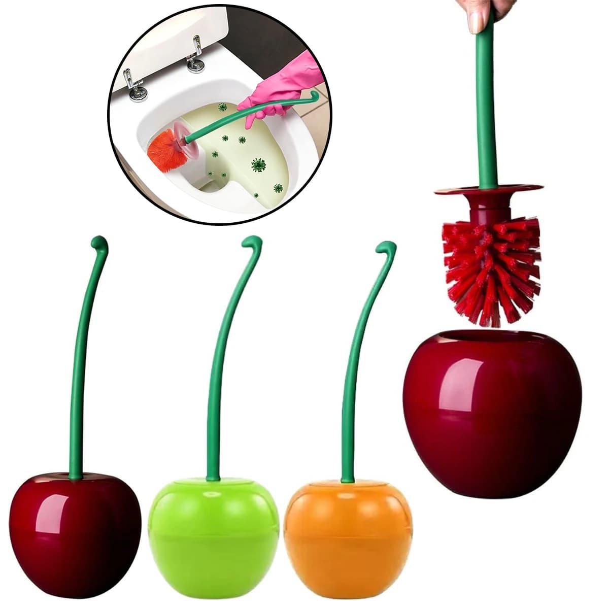 Set scopino per WC a forma di ciliegio in 3 colori – Detergente autoportante con manico lungo e supporto per il bagno | Carino e funzionale