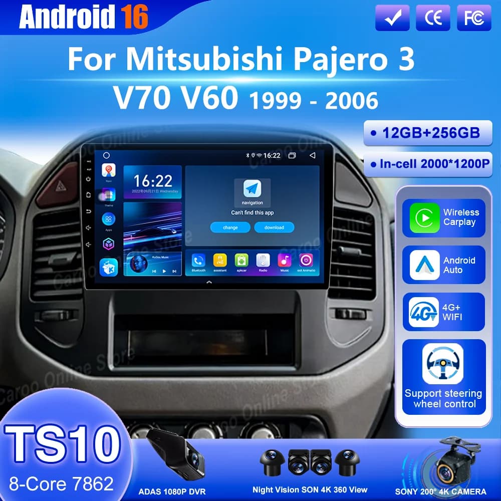 Auto DVD Radio Stereo Android 16 Multimedia Reader for Mitsubishi Pajero 3 V70 V60 1999 -2006 Auto Carplay 4G + Wifi GPS Navigation