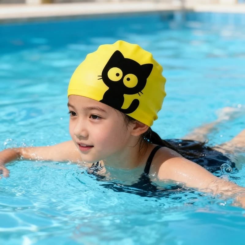 Silicone swim cap for children Cat black Cartoon Design Waterproof Ear Protection Soft and comfortable Swimming for unisex children