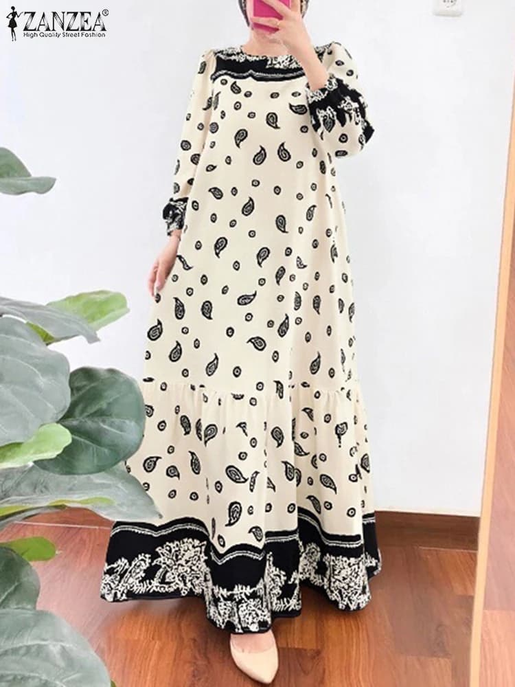 ZANZEA Moda Musulmana Stampa Etnica Abiti Eid Modesto Elegante Manica Lunga Orlo Increspato Abaya Vestaglie Hijabi Abiti Islamici