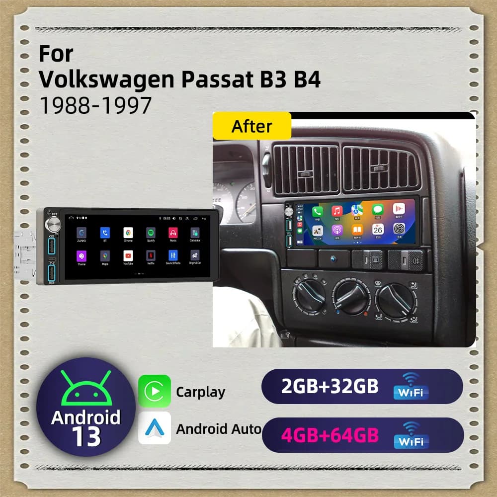 Android 1Din Car Stereo for VW Volkswagen Passat B3 B4 1988-1997 CarPlay GPS Navigation Multimedia Autoradio Radio