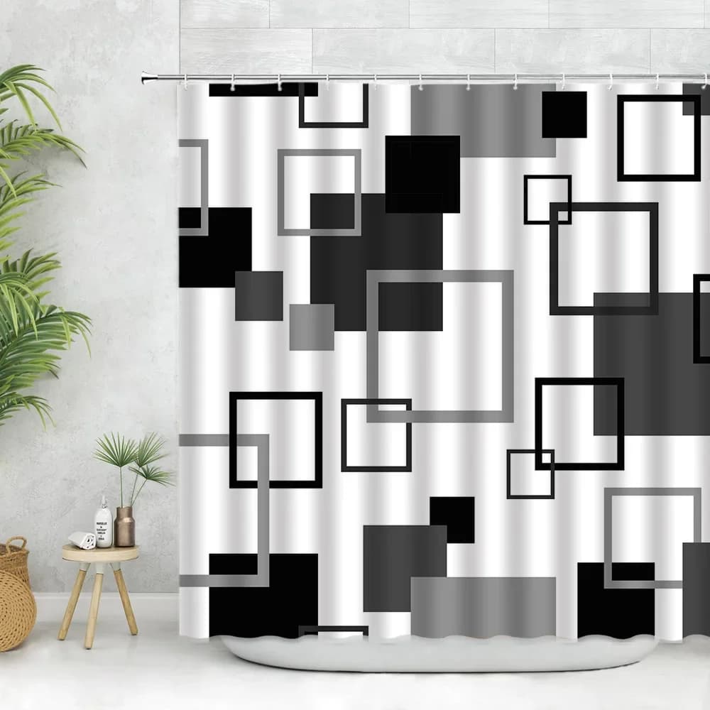 Set di tende da doccia moderne nere senza cornice con ganci, tende da doccia in bianco e nero per tende da bagno geometriche in tessuto da bagno w