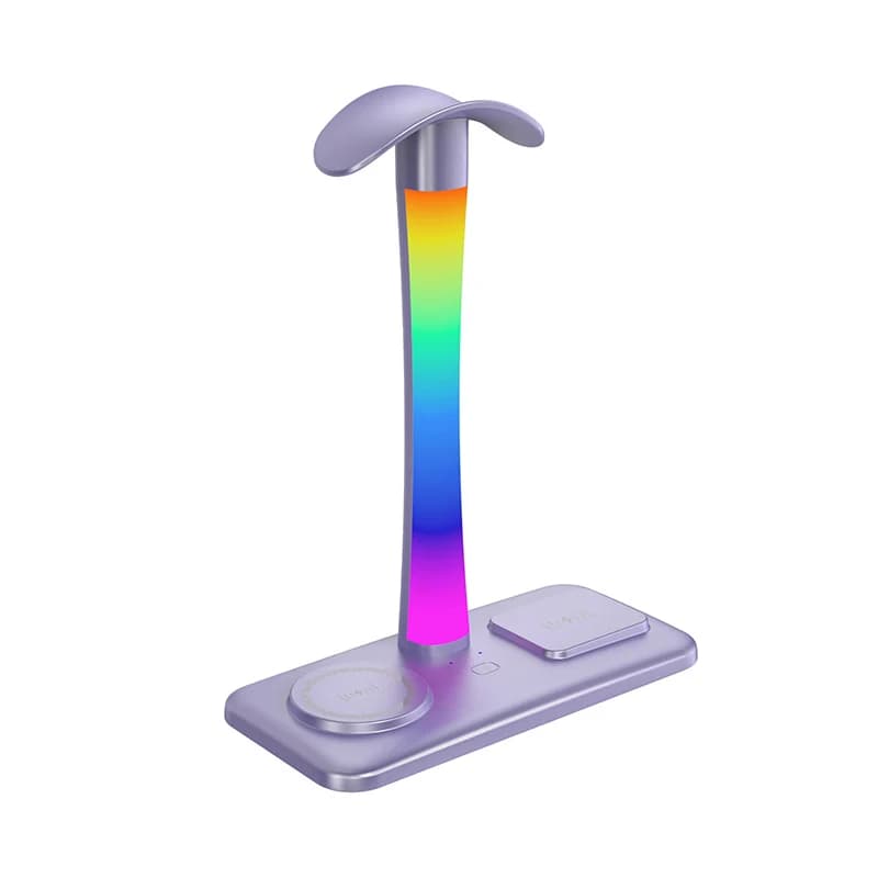 Supporto per Auricolari con Caricatore Wireless, Luce d'Atmosfera Colorata RGB, Stand per Cuffie da Gaming con Display