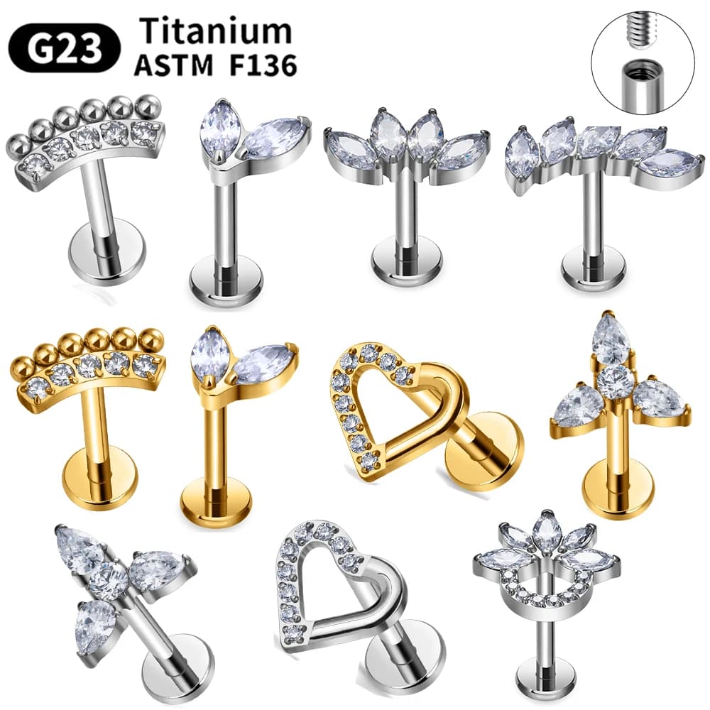 G23 Titanio 16G Piercing Labret Labbro Nasale chiodo Orecchino con perno Filettatura interna Gioielli per il corpo Design Orecchio Trago Cartilagine Elica Dait
