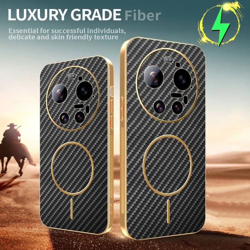 Custodia Magnetica di Lusso in Kevlar con Bordo Dorato per Xiaomi 17 Ultra, Mi 17 Pro Max, 15T Pro, 14 - Fibra di Carbonio per Ricarica MagSafe, Custodia Protettiva