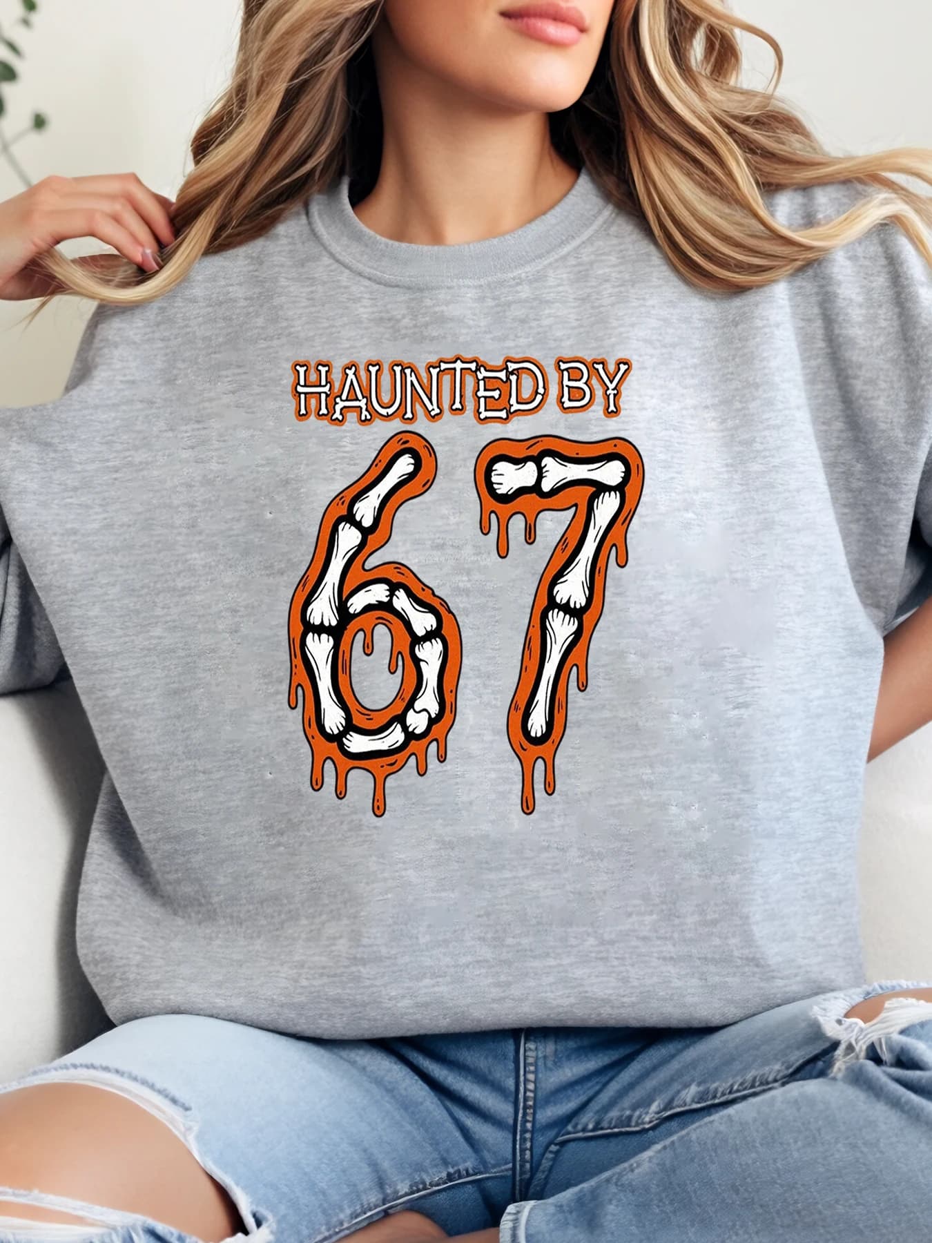 Haunted by 67 Bones Print Crewneck sweatshirt Halloween Women's Casual Clothing Party Dress Grey Plus Size