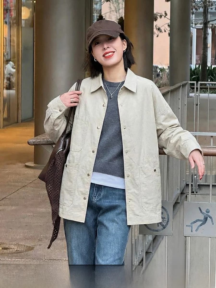 Beibei Light Green Collar Open Cardigan Women's Jacket 2026 New Spring Loose Casual Workwear Cotton Long Sleeve Shirt