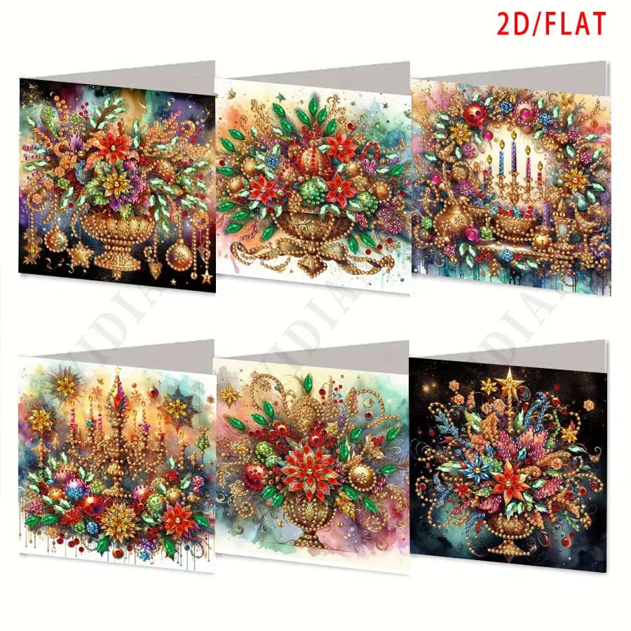 Set di biglietti d'auguri con pittura diamante da 6 pezzi, lampada floreale natalizia fai-da-te biglietto d'auguri natalizio fatto a mano con pittura diamante Natale